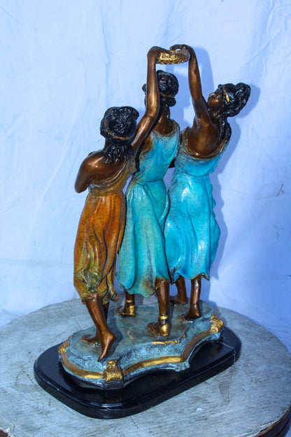 Three Dancing Ladies, Colorful Bronze Statue on a marble base 15" x 10" x 23"H