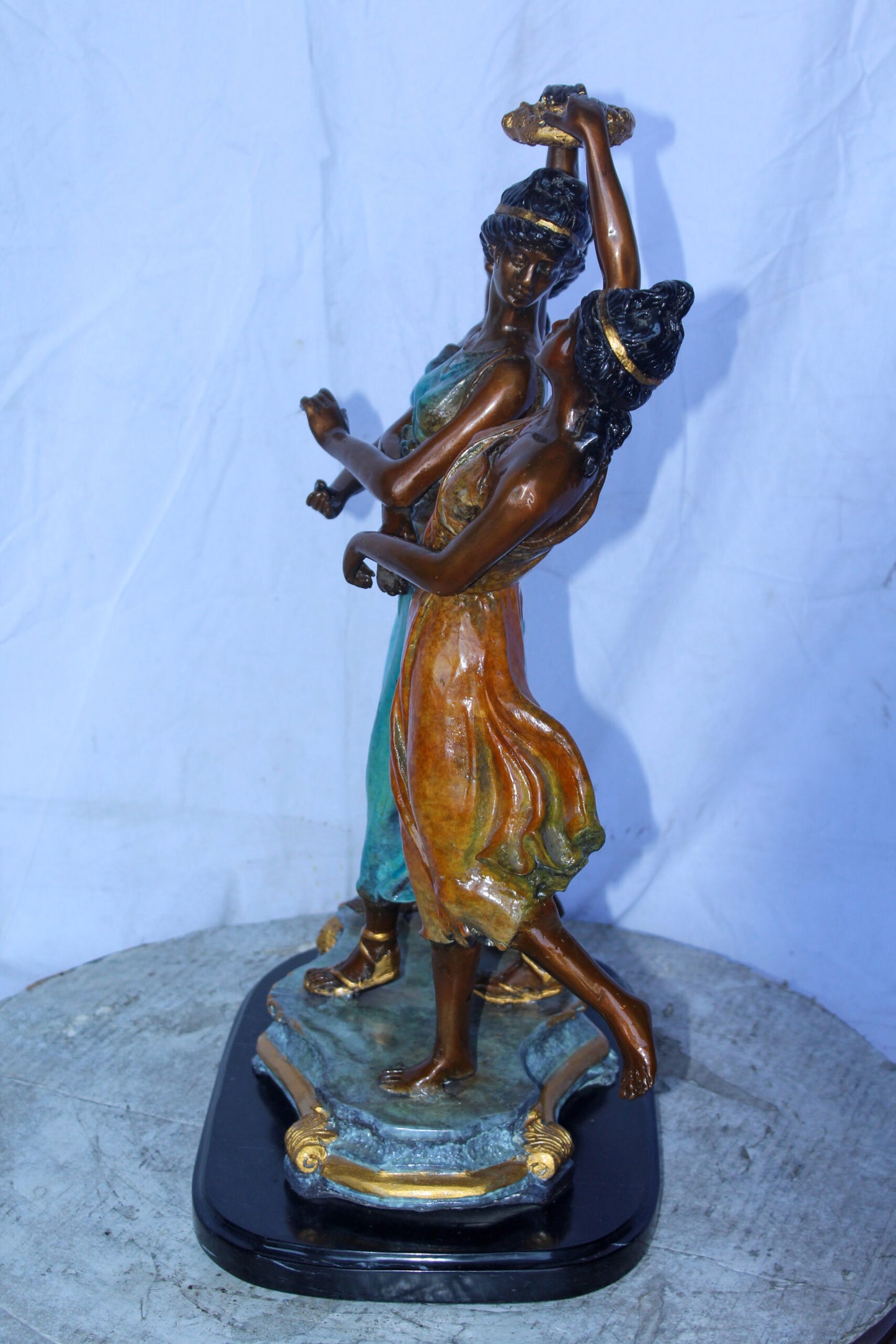 Three Dancing Ladies, Colorful Bronze Statue on a marble base 15" x 10" x 23"H