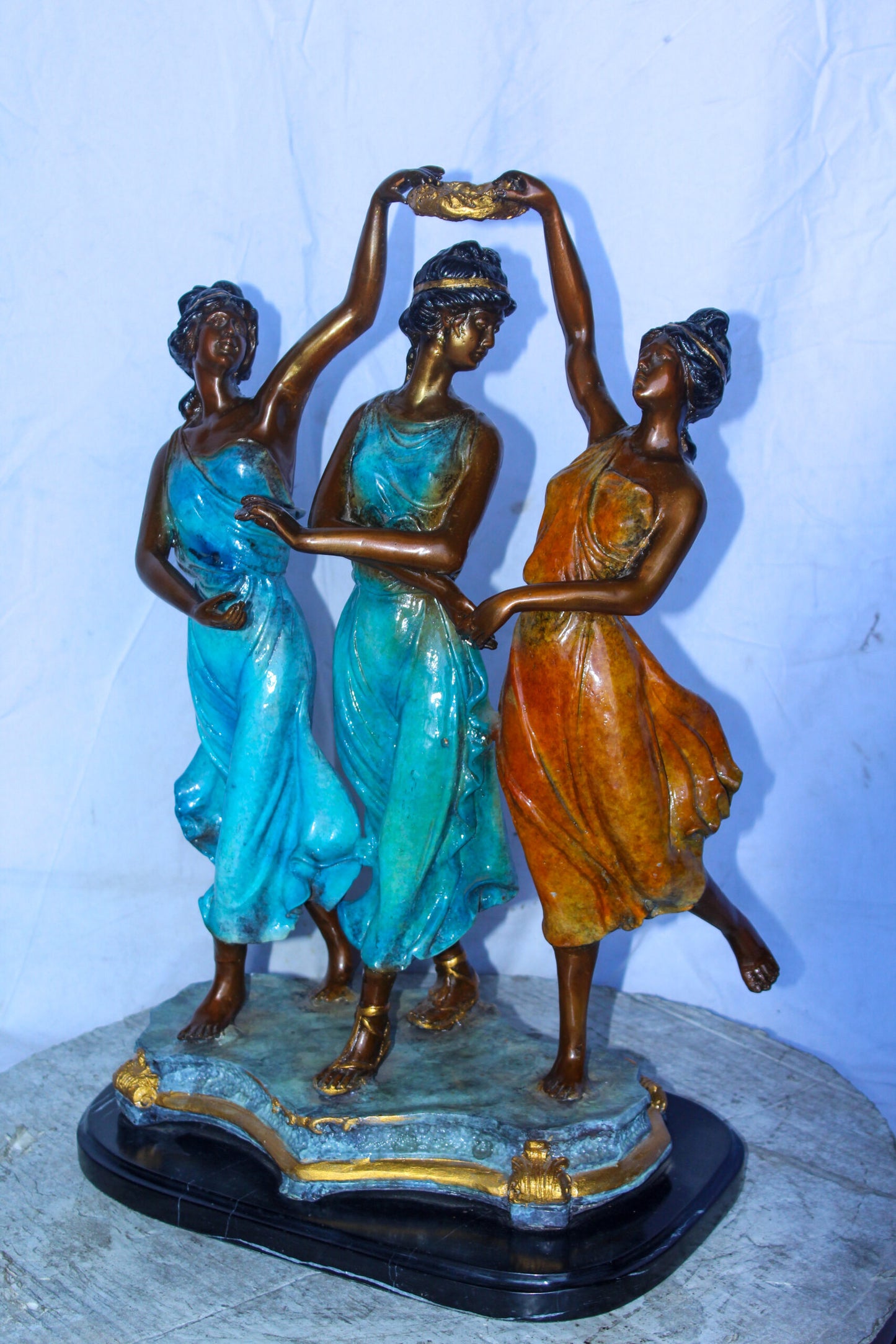 Three Dancing Ladies, Colorful Bronze Statue on a marble base 15" x 10" x 23"H