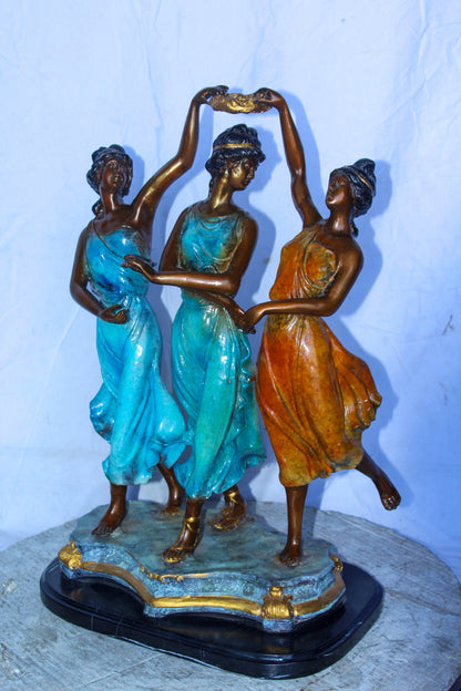 Three Dancing Ladies, Colorful Bronze Statue on a marble base 15" x 10" x 23"H