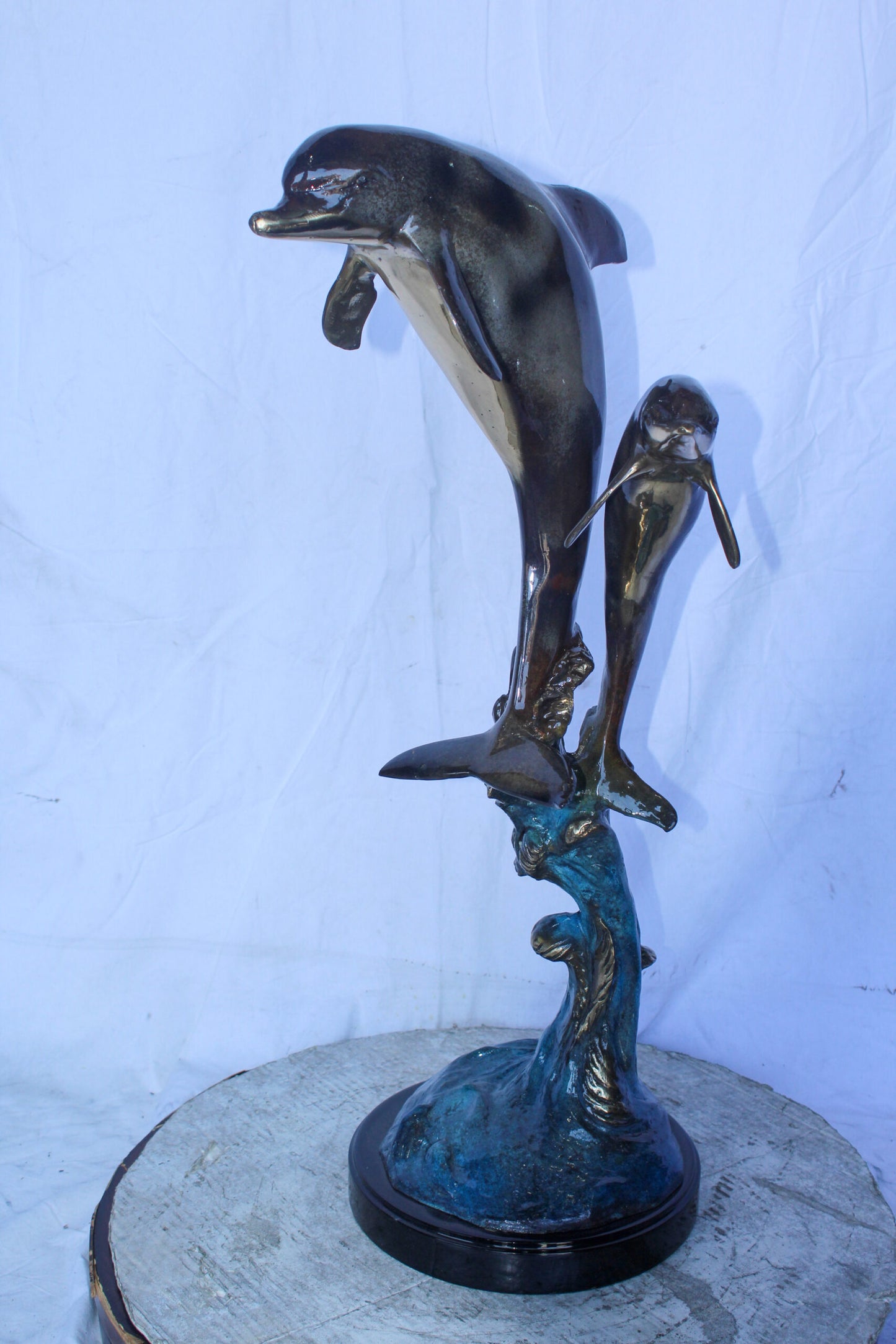 Two Dolphins Jumping of the Water Bronze Statue 11" x 12" x 31"H
