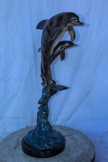 Two Dolphins Jumping of the Water Bronze Statue 11" x 12" x 31"H