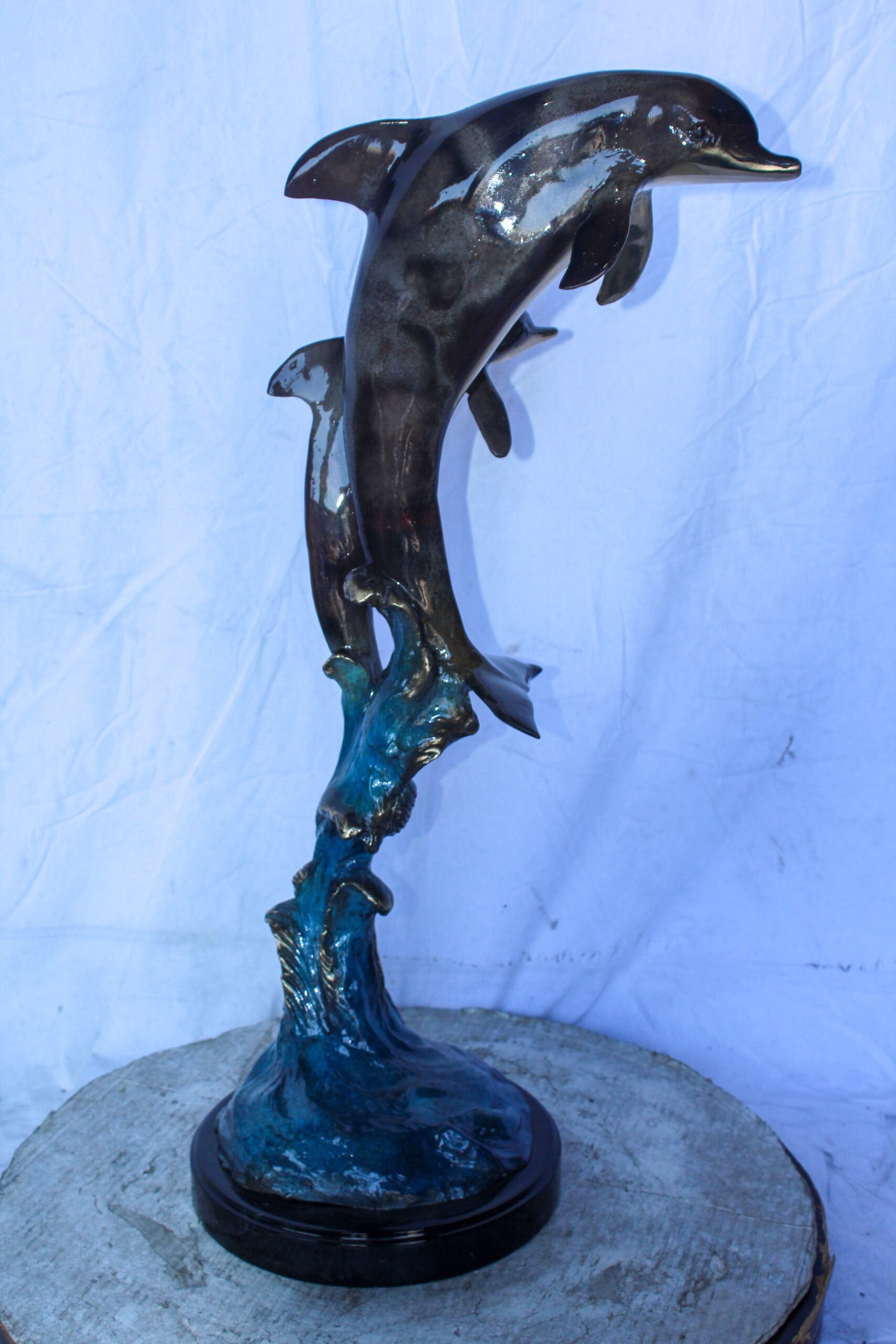 Two Dolphins Jumping of the Water Bronze Statue 11" x 12" x 31"H