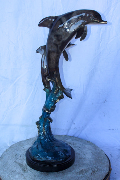 Two Dolphins Jumping of the Water Bronze Statue 11" x 12" x 31"H