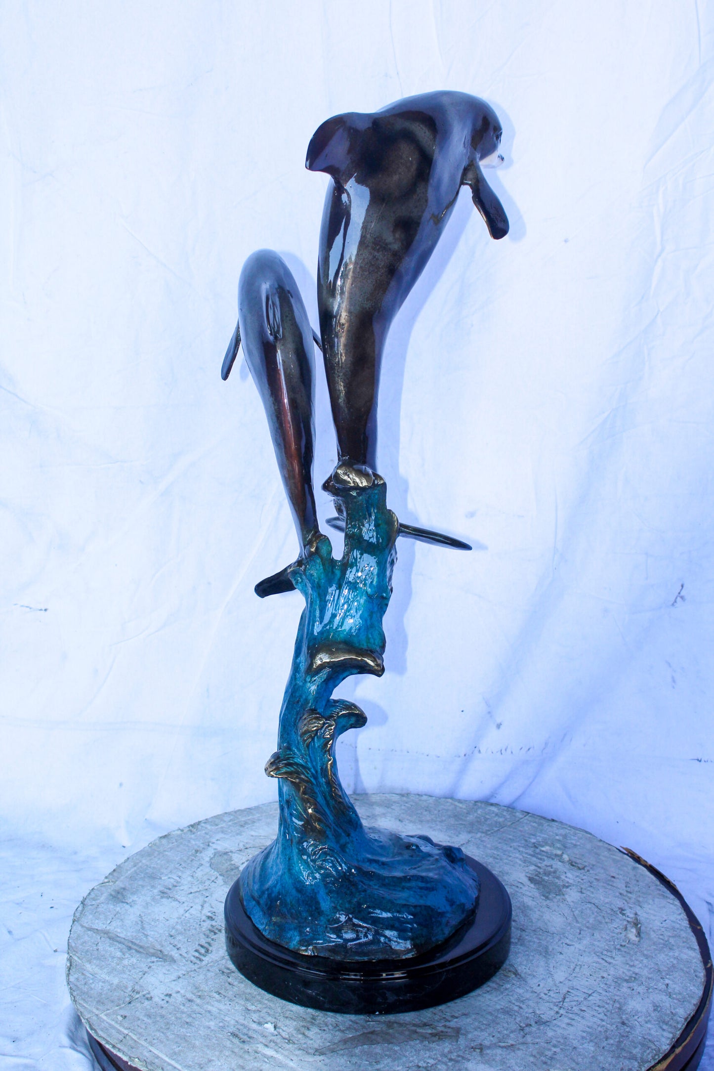 Two Dolphins Jumping of the Water Bronze Statue 11" x 12" x 31"H