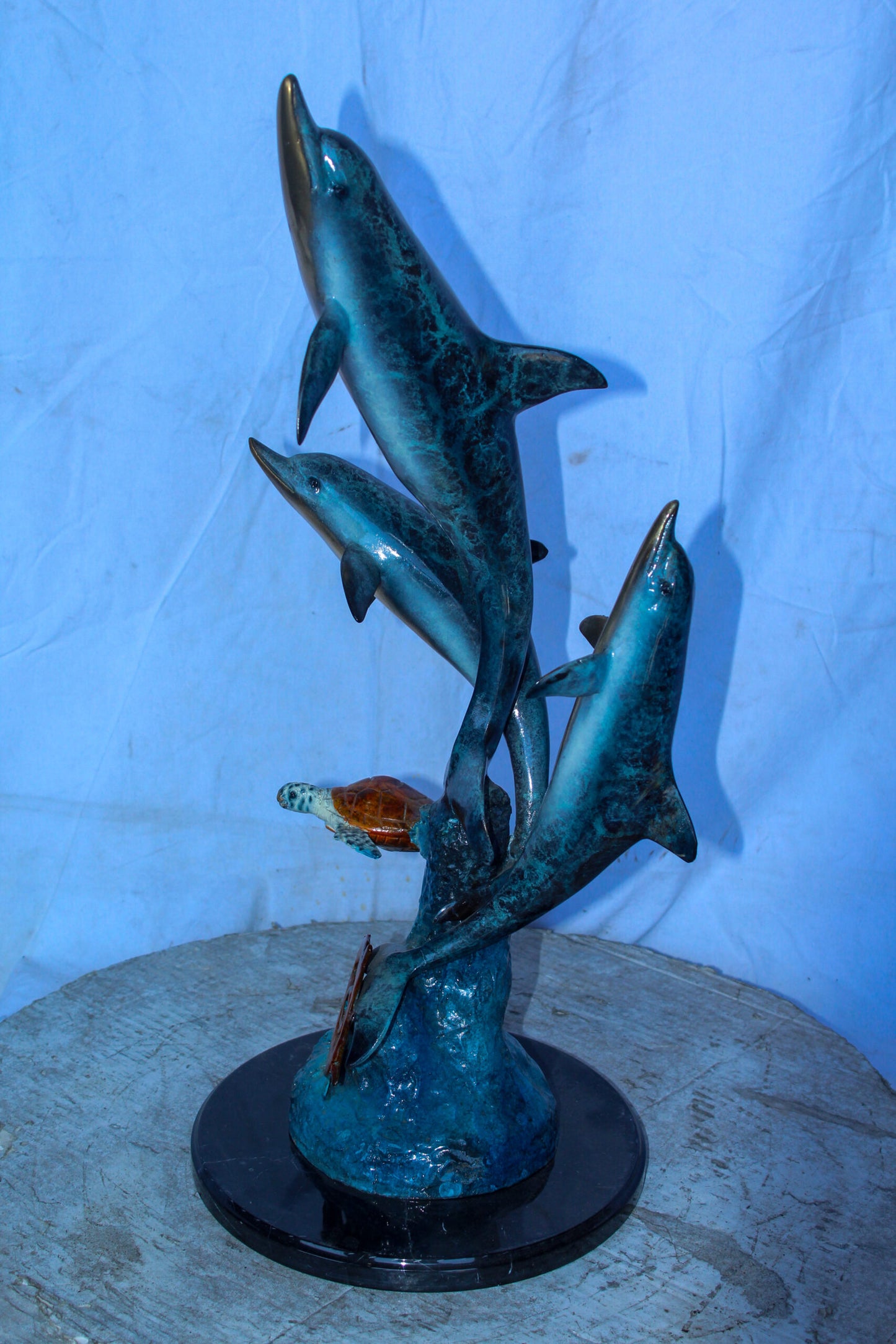 Three Dolphins Jumping, Sea Turtle, Colored Bronze Statue 11" x 11" x 24"H