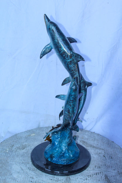 Three Dolphins Jumping, Sea Turtle, Colored Bronze Statue 11" x 11" x 24"H