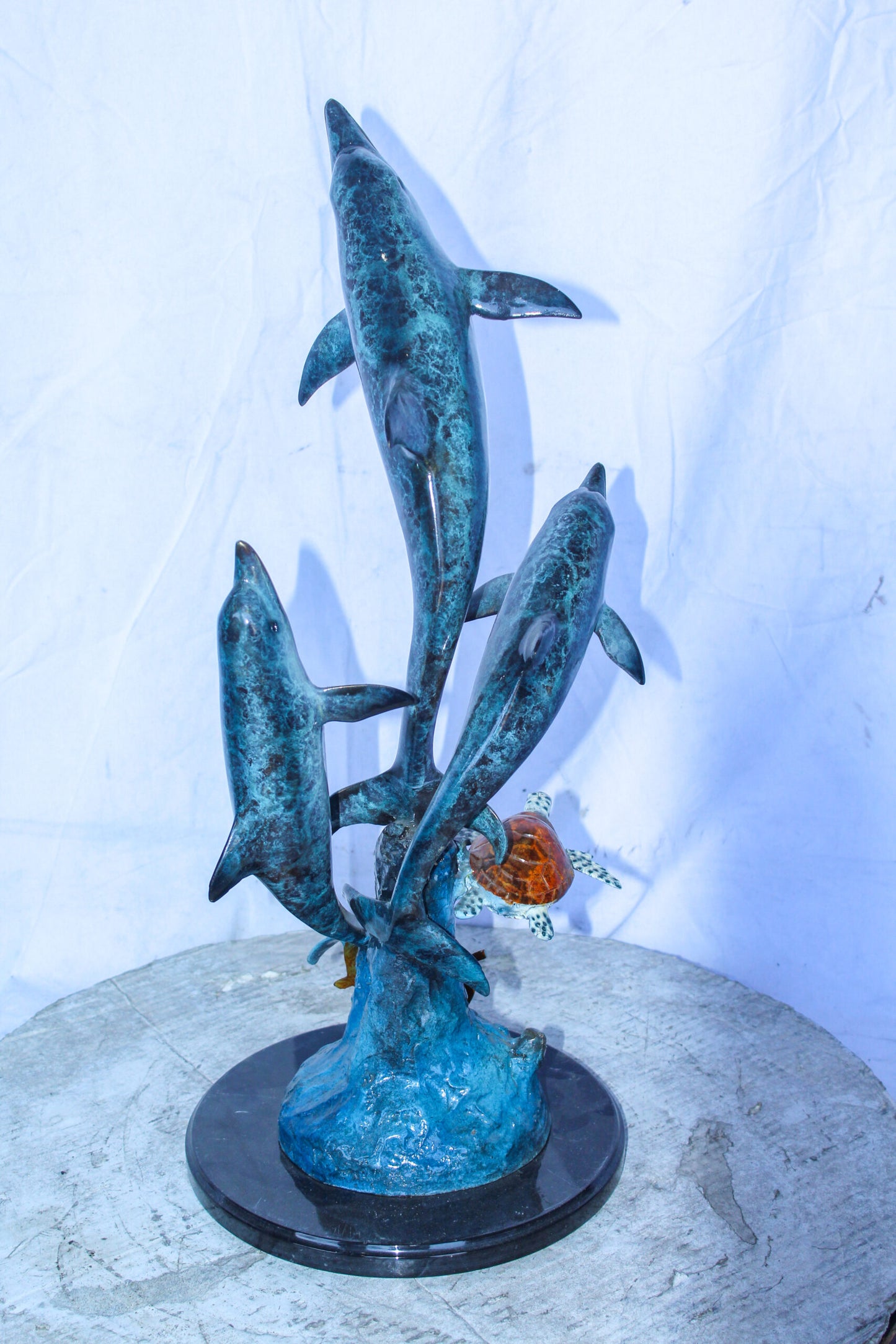 Three Dolphins Jumping, Sea Turtle, Colored Bronze Statue 11" x 11" x 24"H