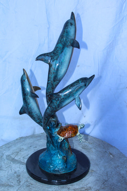 Three Dolphins Jumping, Sea Turtle, Colored Bronze Statue 11" x 11" x 24"H