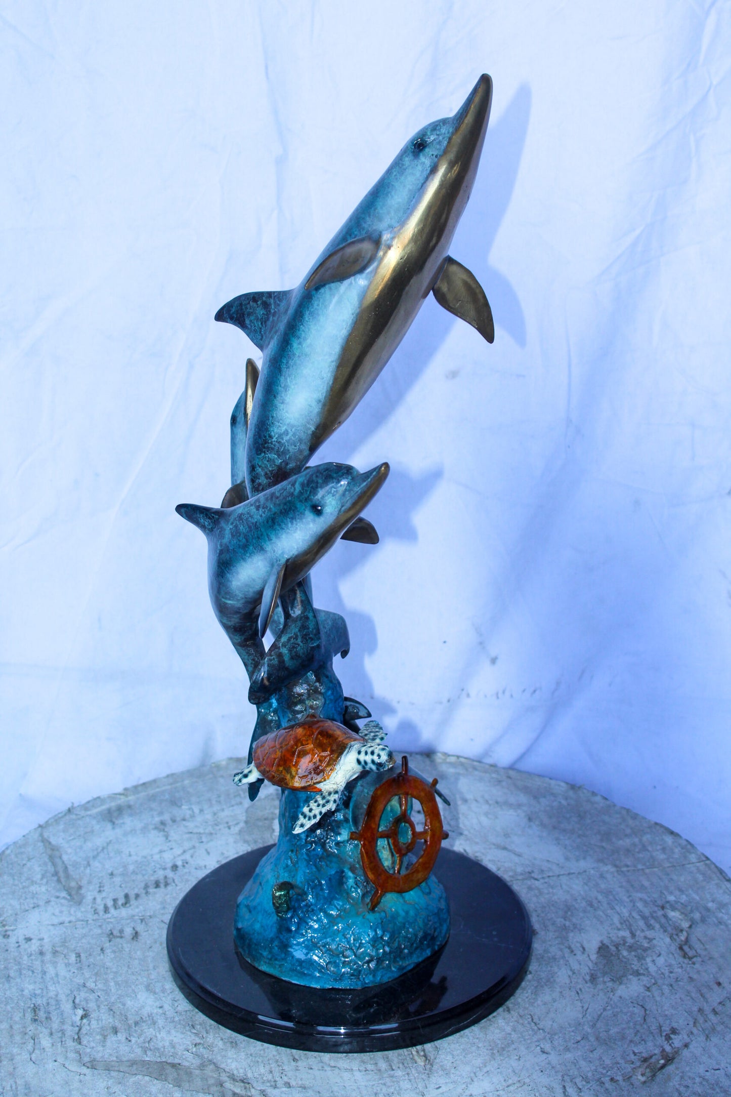 Three Dolphins Jumping, Sea Turtle, Colored Bronze Statue 11" x 11" x 24"H