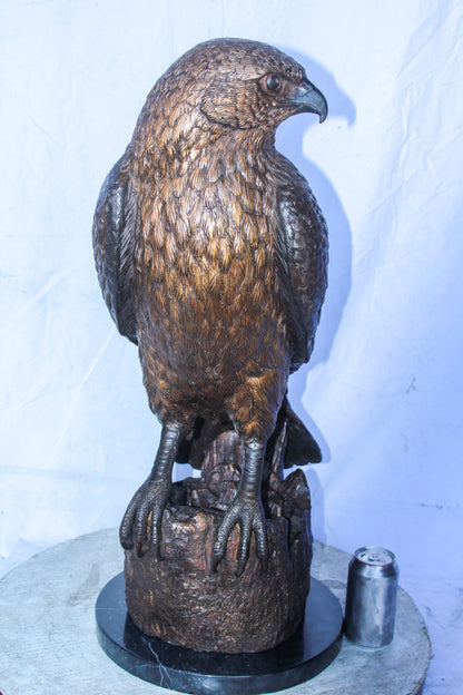 Hawk Bronze Statue Standing on Tree Stump with Marble Base 12" x 15" x 29"H