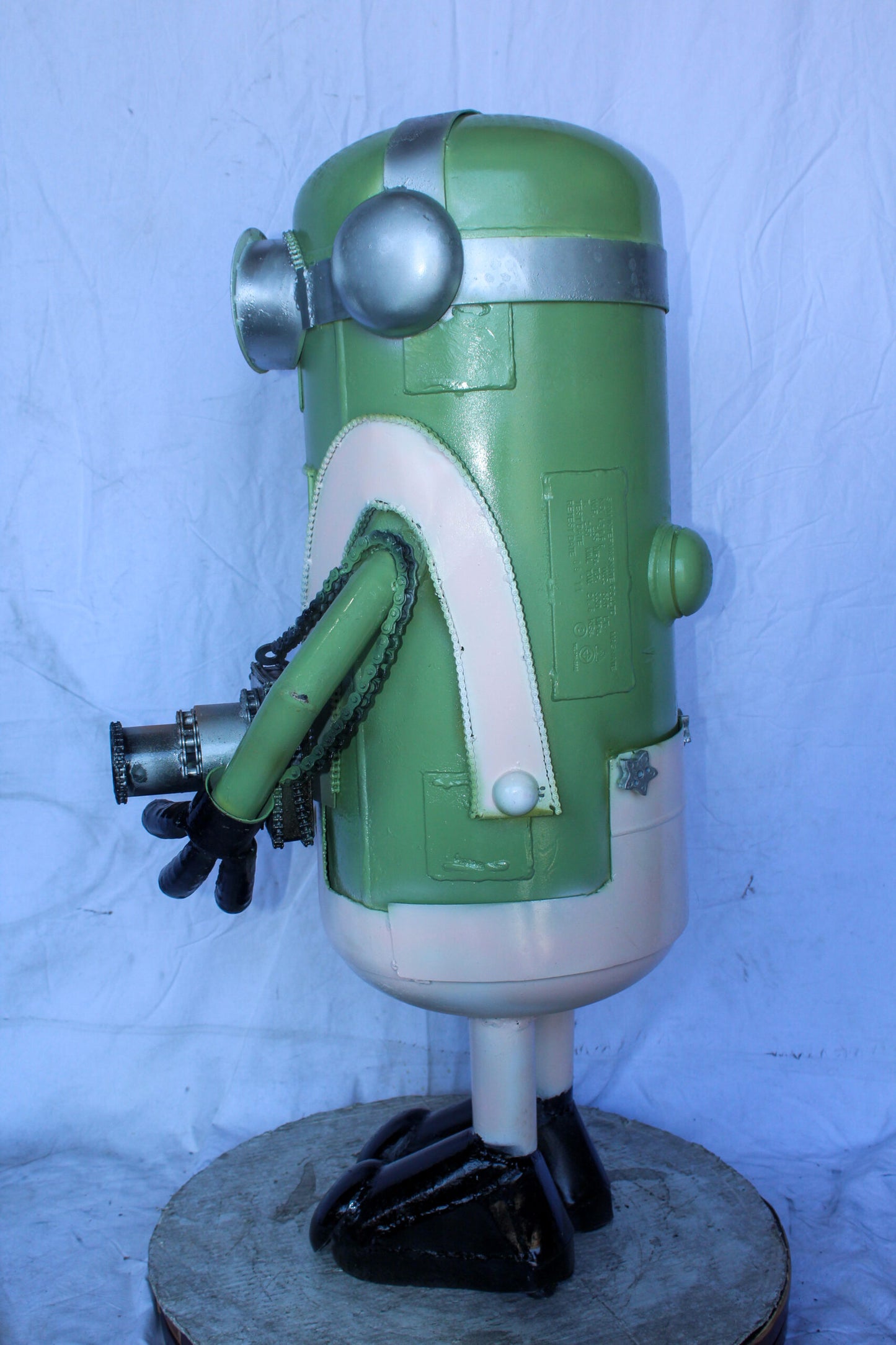 Amusing Metal Scrap Statue of Boy Holding a Camera, Unique Art 26" x 18" x 41"H