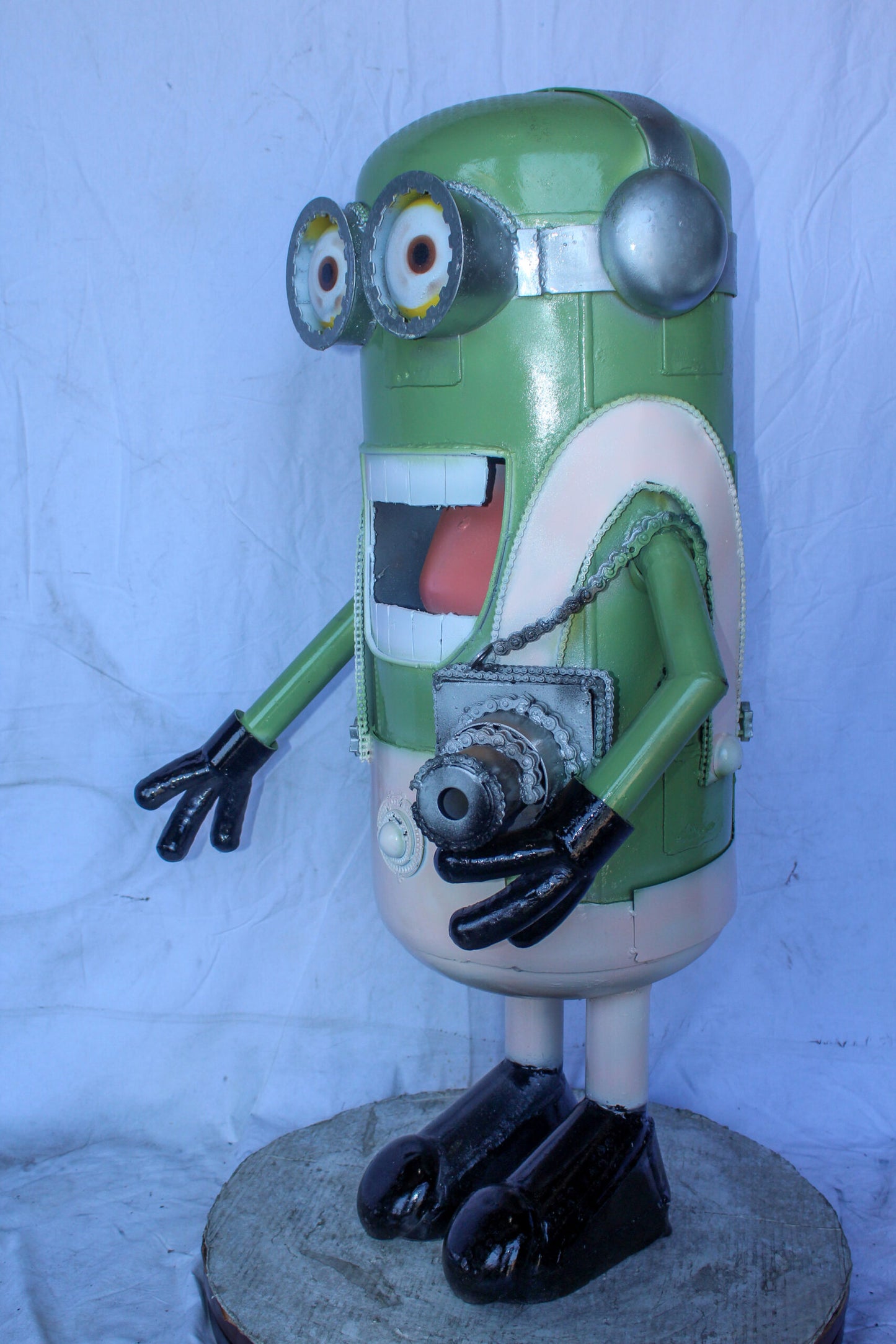 Amusing Metal Scrap Statue of Boy Holding a Camera, Unique Art 26" x 18" x 41"H