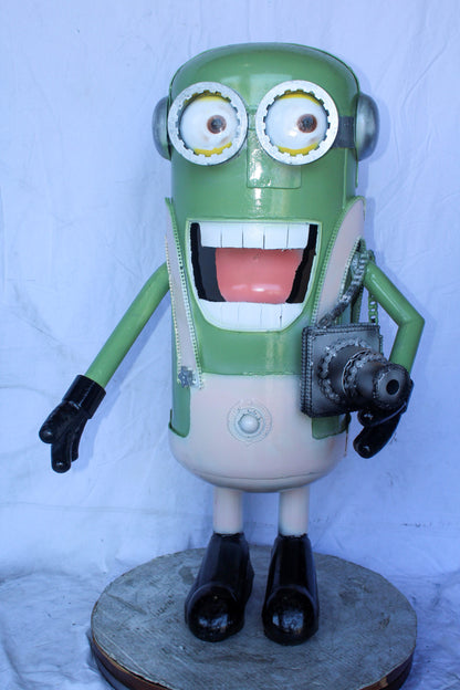 Amusing Metal Scrap Statue of Boy Holding a Camera, Unique Art 26" x 18" x 41"H
