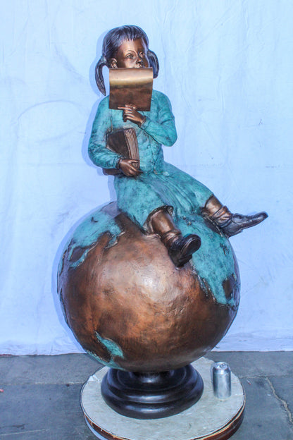 Girl Reading Book on Top of the World Bronze Statue 27" x 26" x 53"H