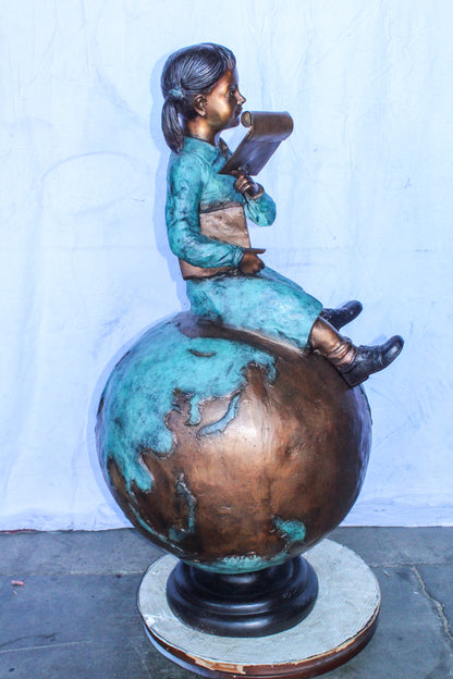Girl Reading Book on Top of the World Bronze Statue 27" x 26" x 53"H