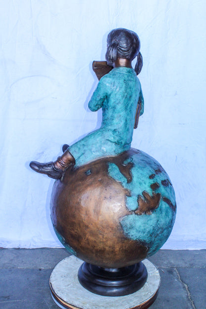 Girl Reading Book on Top of the World Bronze Statue 27" x 26" x 53"H