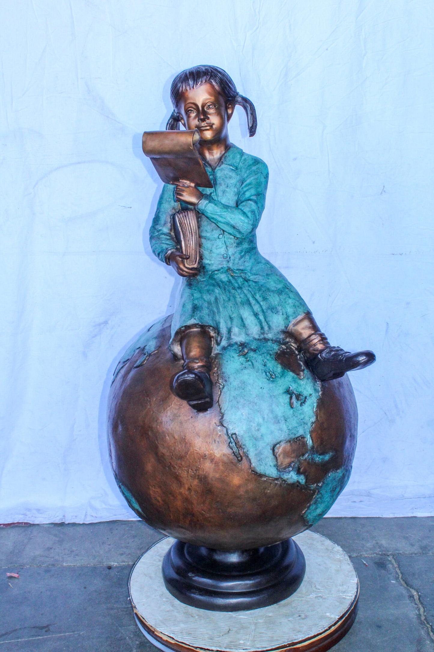 Girl Reading Book on Top of the World Bronze Statue 27" x 26" x 53"H