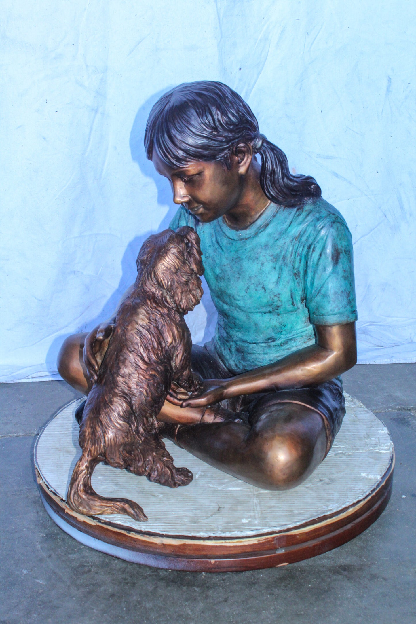 Young Girl Playing with Her Maltese Dog Bronze Statue 24" x 19" x 24"H