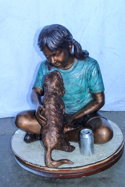 Young Girl Playing with Her Maltese Dog Bronze Statue 24" x 19" x 24"H