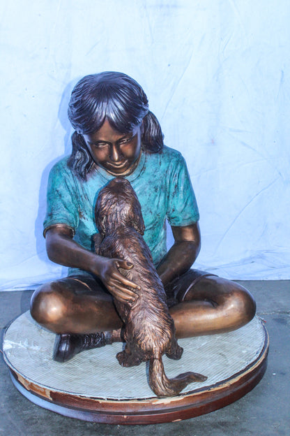 Young Girl Playing with Her Maltese Dog Bronze Statue 24" x 19" x 24"H