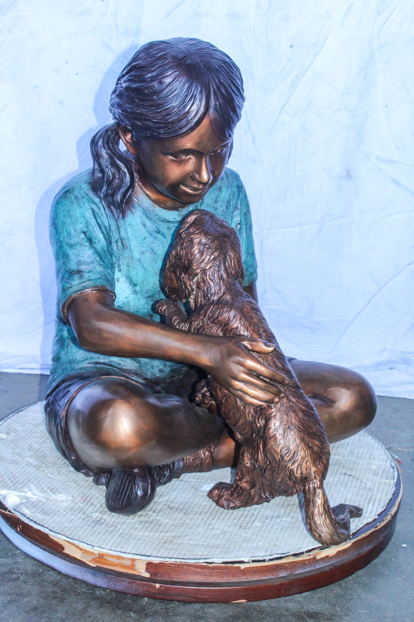 Young Girl Playing with Her Maltese Dog Bronze Statue 24" x 19" x 24"H