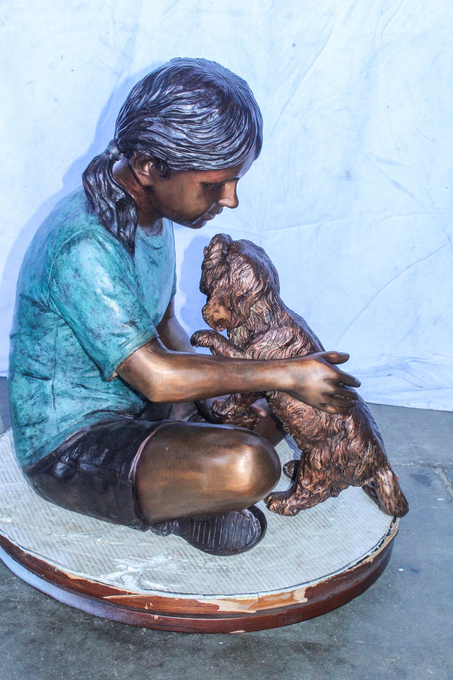 Young Girl Playing with Her Maltese Dog Bronze Statue 24" x 19" x 24"H