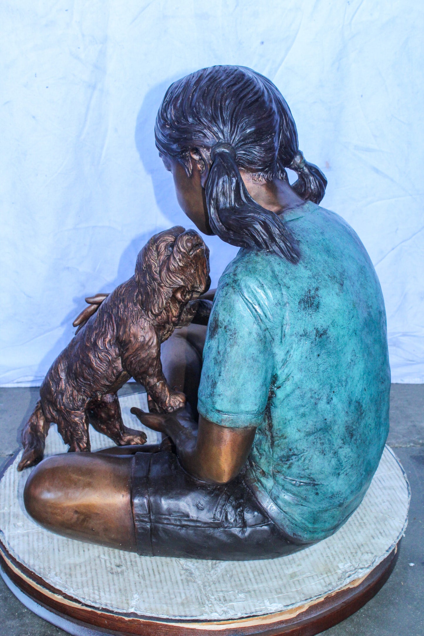 Young Girl Playing with Her Maltese Dog Bronze Statue 24" x 19" x 24"H