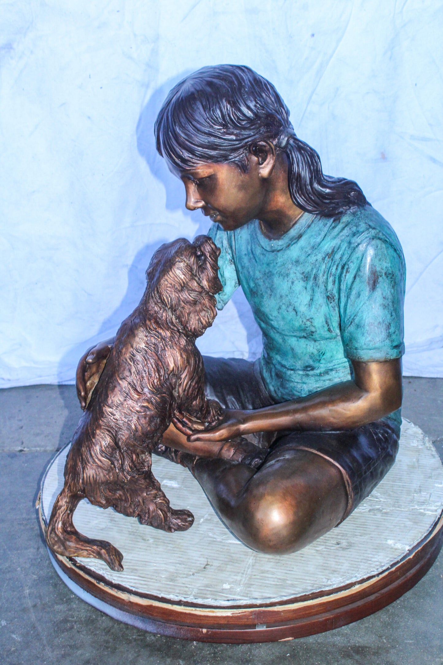 Young Girl Playing with Her Maltese Dog Bronze Statue 24" x 19" x 24"H