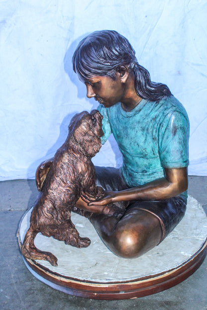 Young Girl Playing with Her Maltese Dog Bronze Statue 24" x 19" x 24"H