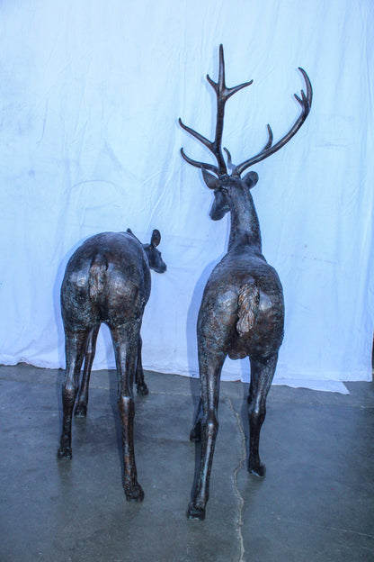 Life Size Bronze Statues of a Pair of Deer, Wildlife Display 58" x 18" x 58"H