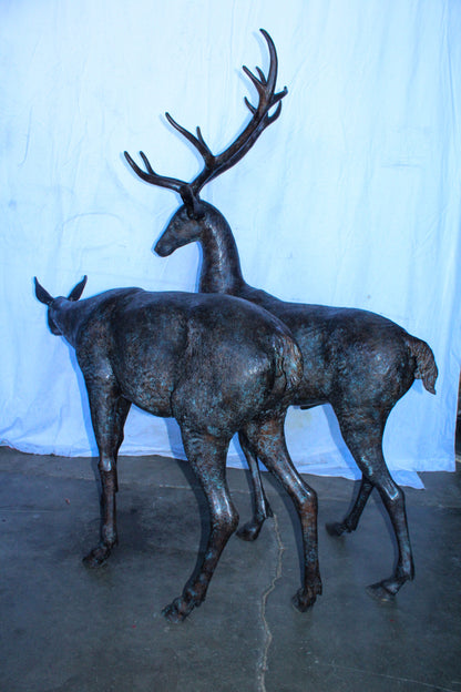 Life Size Bronze Statues of a Pair of Deer, Wildlife Display 58" x 18" x 58"H