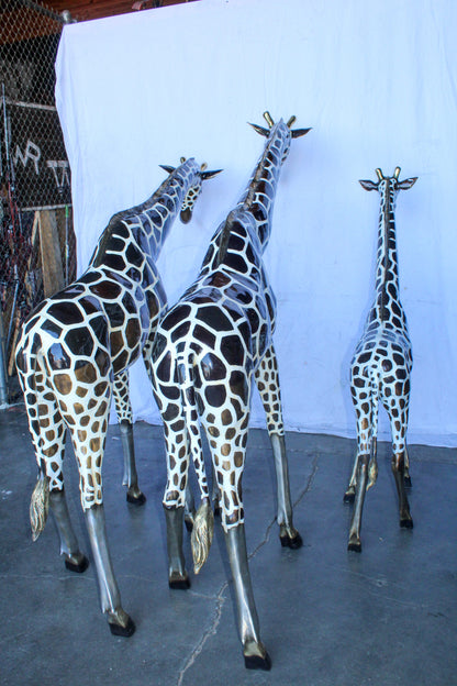 Giraffe Family Bronze Statue Silver and Brown Tone Finish 86" x 24" x 85"H