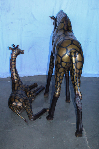 Life Size Bronze Giraffes Statues, One Laying, One Standing 77" x 21" x 58"H