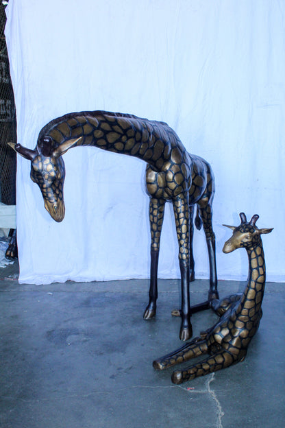 Life Size Bronze Giraffes Statues, One Laying, One Standing 77" x 21" x 58"H