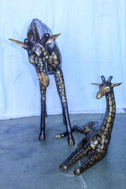 Life Size Bronze Giraffes Statues, One Laying, One Standing 77" x 21" x 58"H