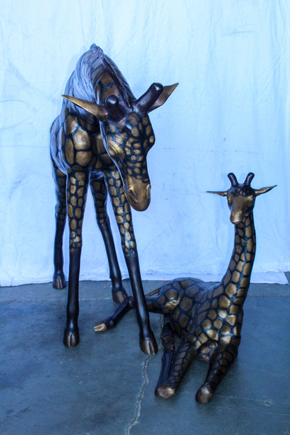 Life Size Bronze Giraffes Statues, One Laying, One Standing 77" x 21" x 58"H