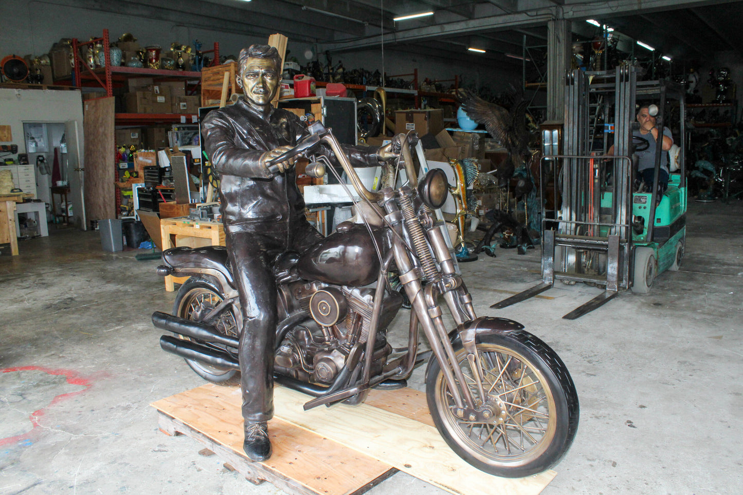 Bronze Sculpture of Man on His Motorcycle Life Size  94" x 50" x 72"H
