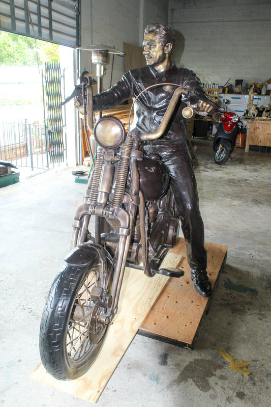 Bronze Sculpture of Man on His Motorcycle Life Size  94" x 50" x 72"H