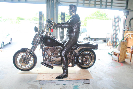 Bronze Sculpture of Man on His Motorcycle Life Size  94" x 50" x 72"H