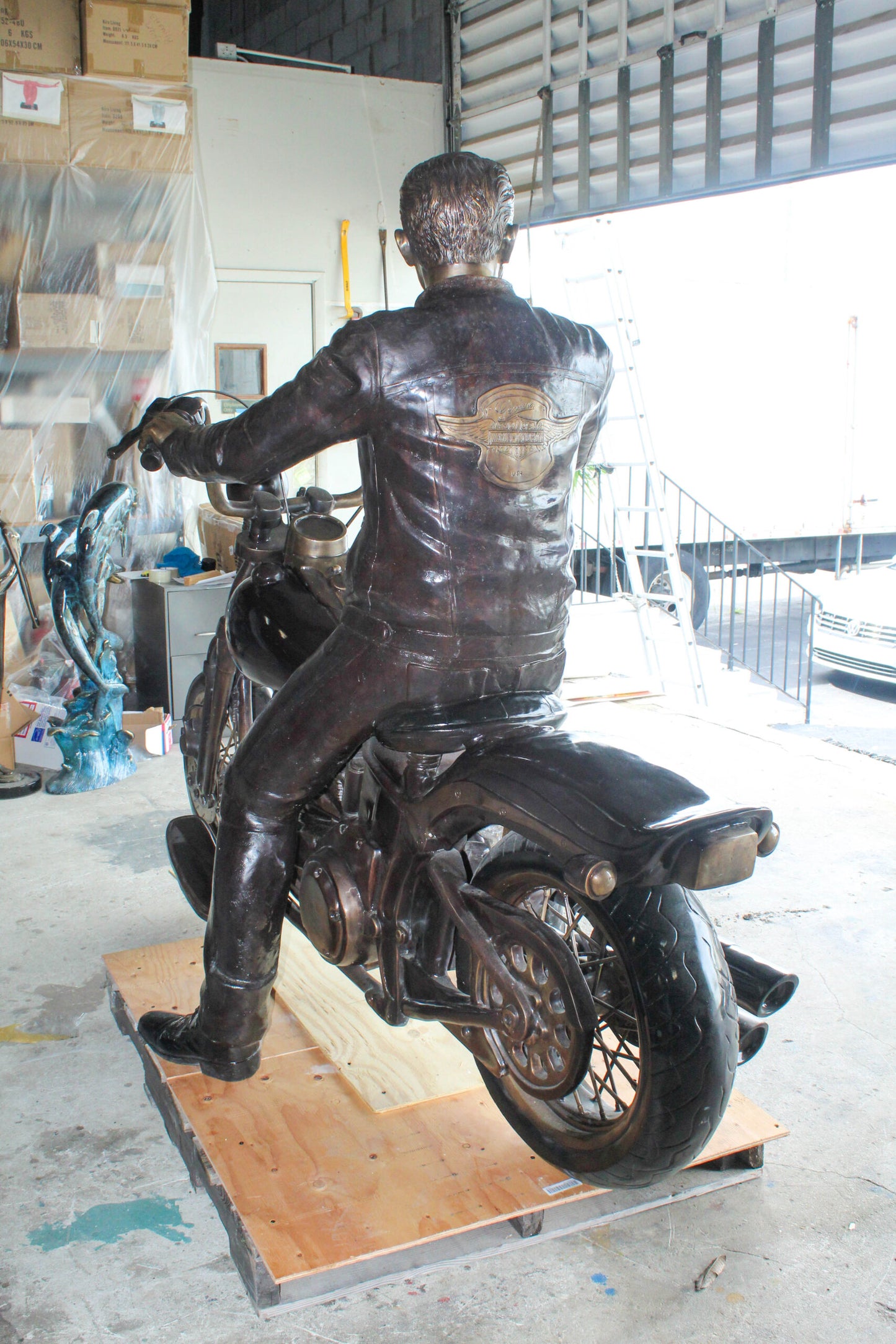 Bronze Sculpture of Man on His Motorcycle Life Size  94" x 50" x 72"H