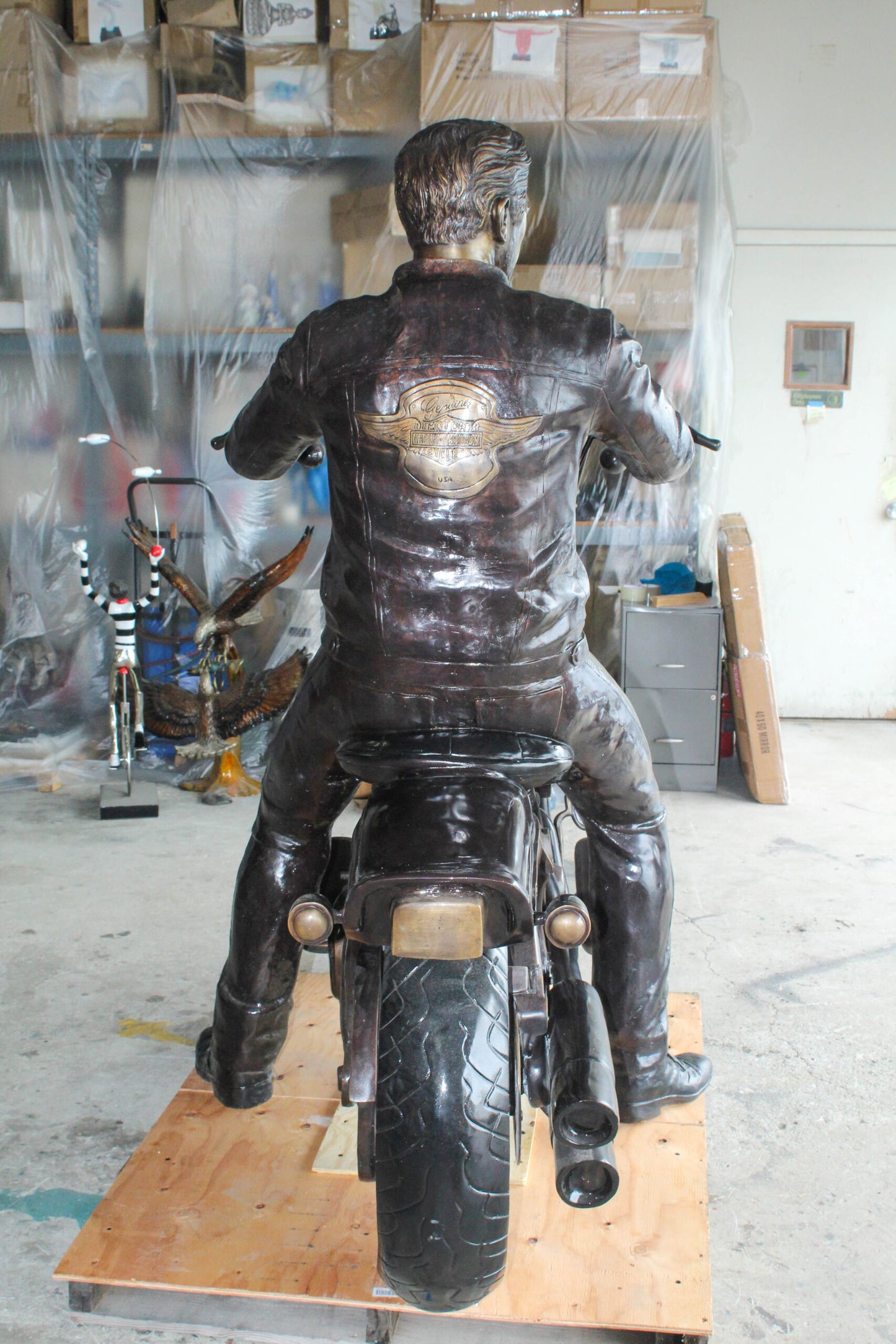 Bronze Sculpture of Man on His Motorcycle Life Size  94" x 50" x 72"H