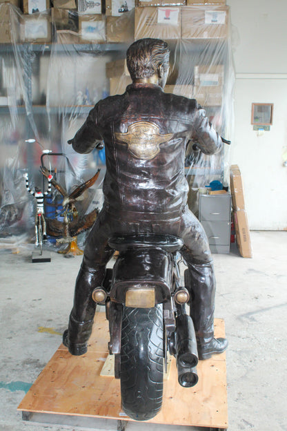 Bronze Sculpture of Man on His Motorcycle Life Size  94" x 50" x 72"H