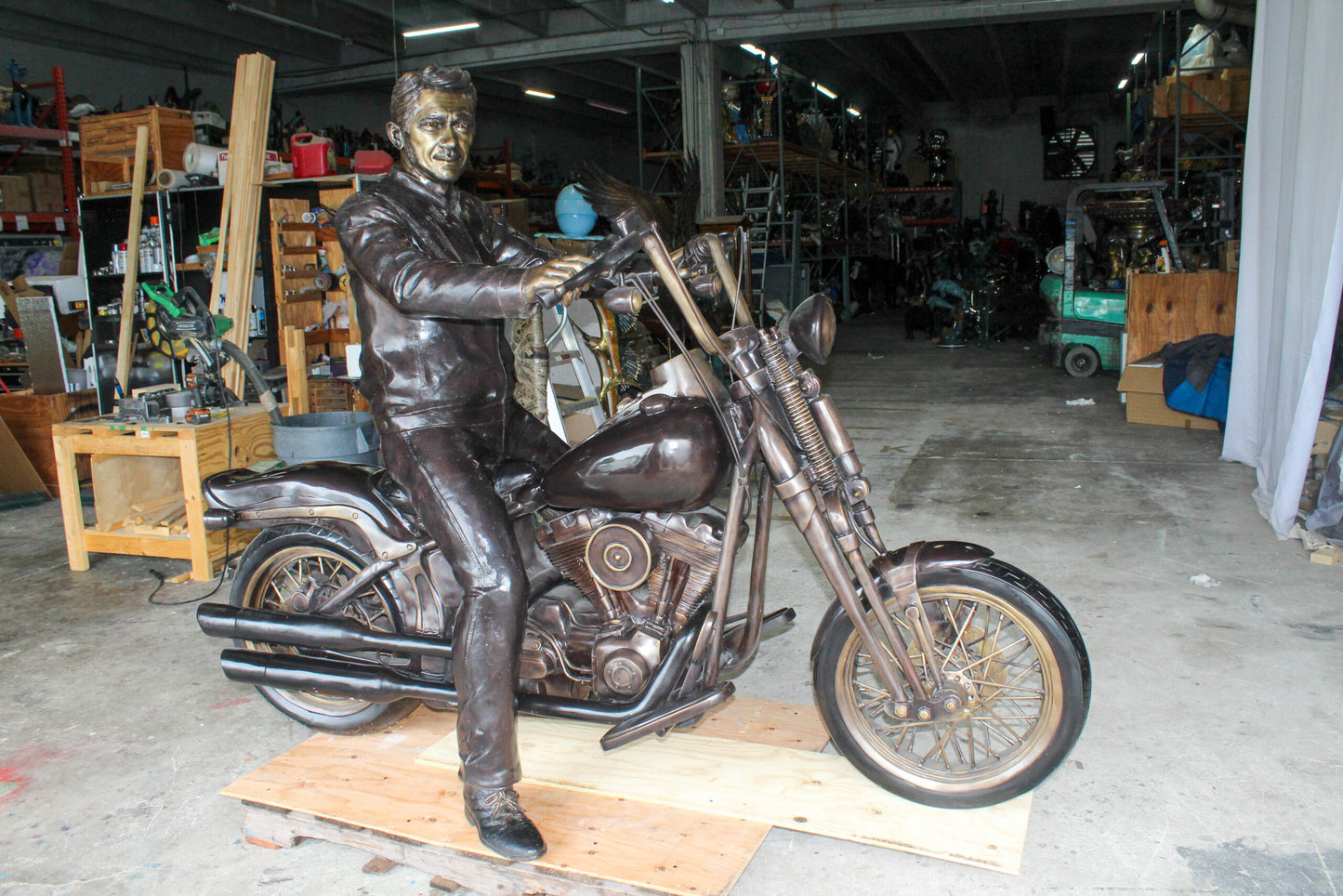 Bronze Sculpture of Man on His Motorcycle Life Size  94" x 50" x 72"H