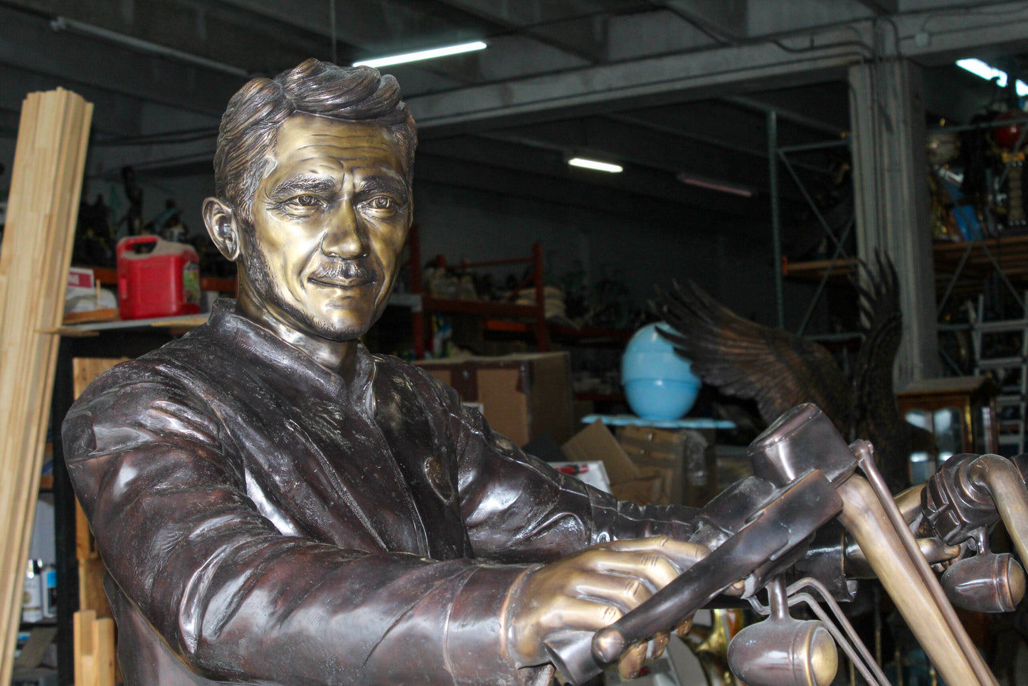 Bronze Sculpture of Man on His Motorcycle Life Size  94" x 50" x 72"H