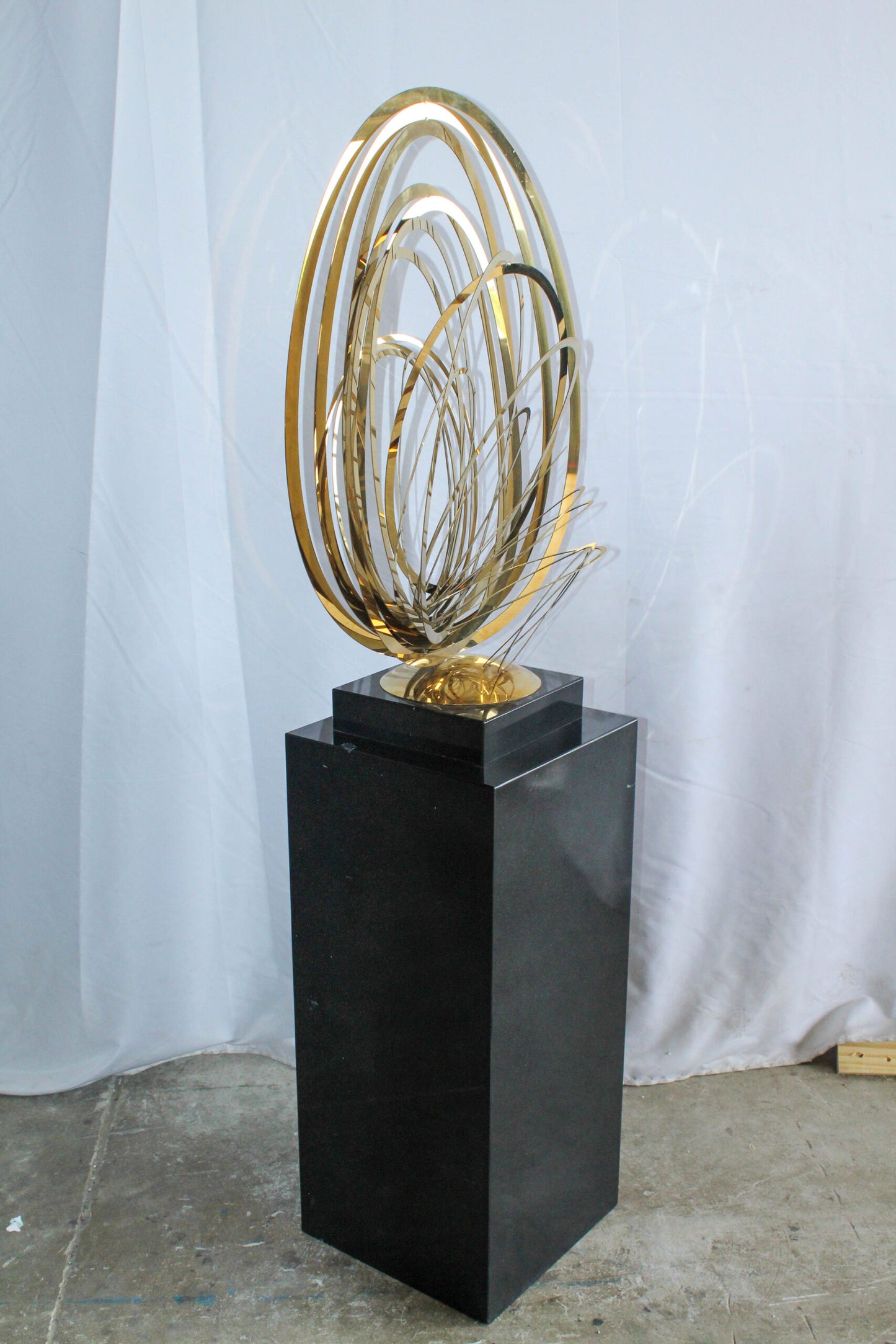 Modern Abstract Brass Sculpture with Black Pedestal Stand 18" x 14" x 67"H