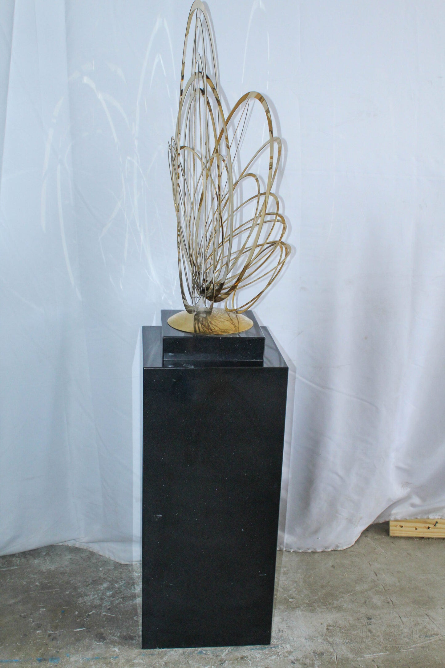 Modern Abstract Brass Sculpture with Black Pedestal Stand 18" x 14" x 67"H