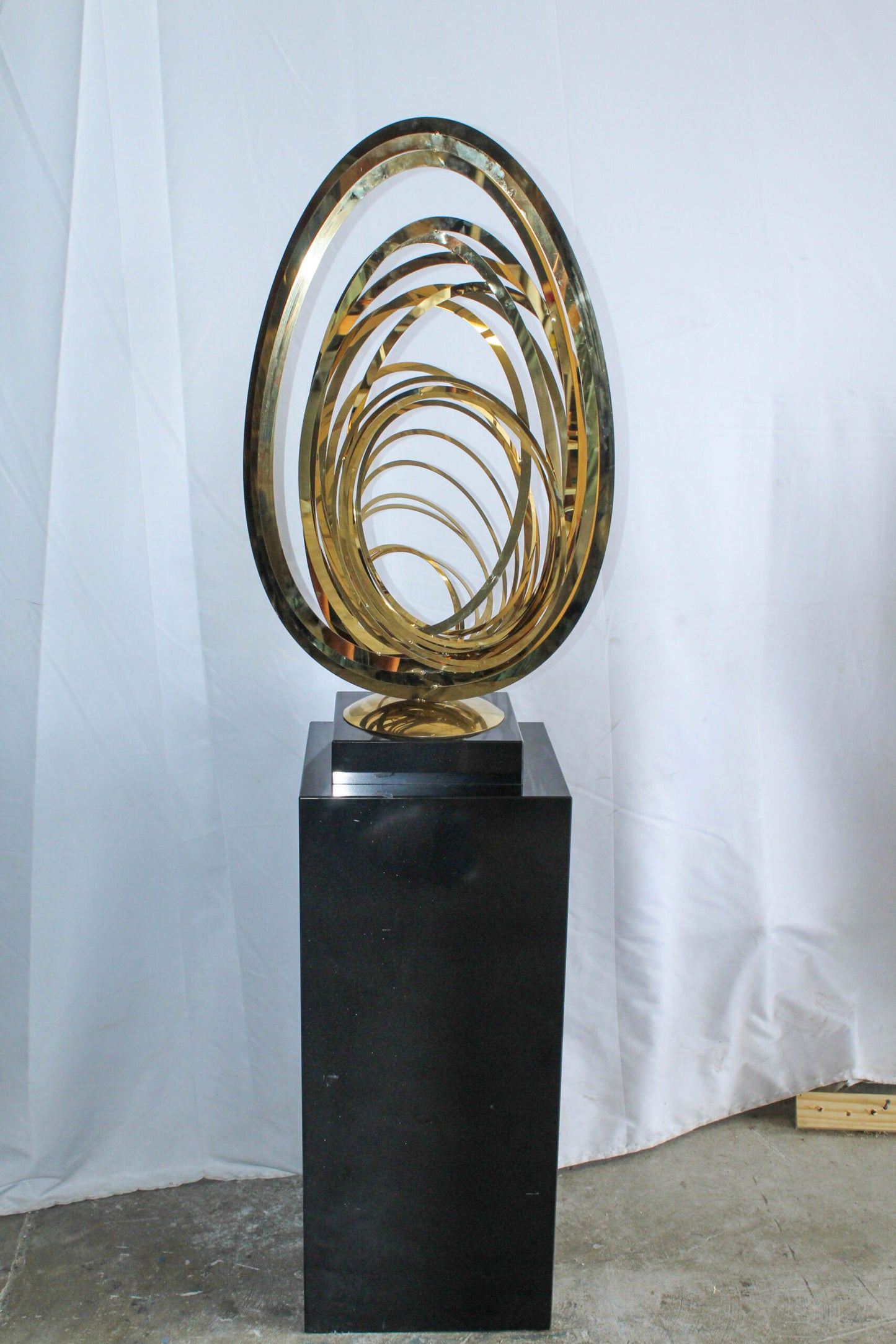 Modern Abstract Brass Sculpture with Black Pedestal Stand 18" x 14" x 67"H