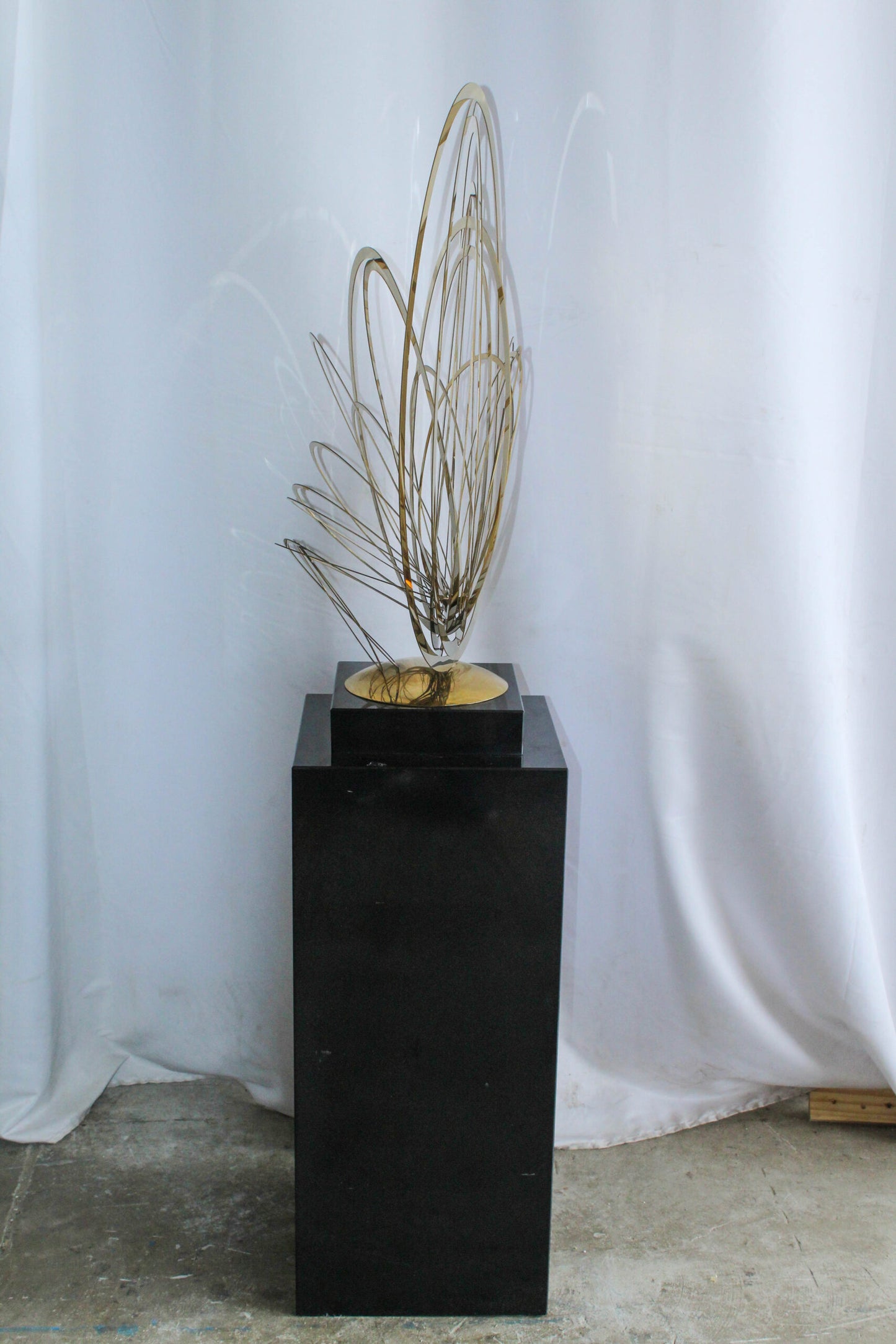 Modern Abstract Brass Sculpture with Black Pedestal Stand 18" x 14" x 67"H