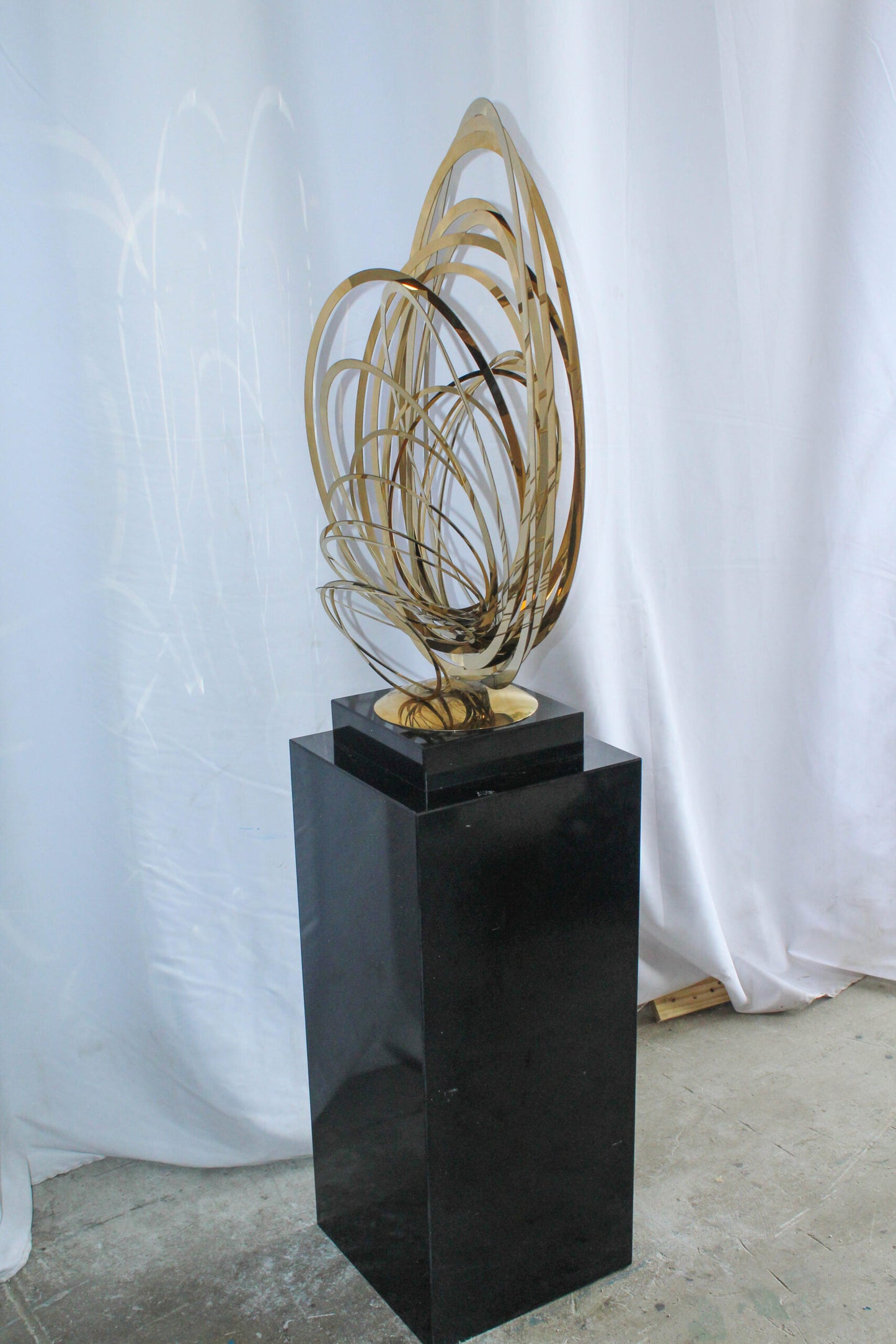 Modern Abstract Brass Sculpture with Black Pedestal Stand 18" x 14" x 67"H